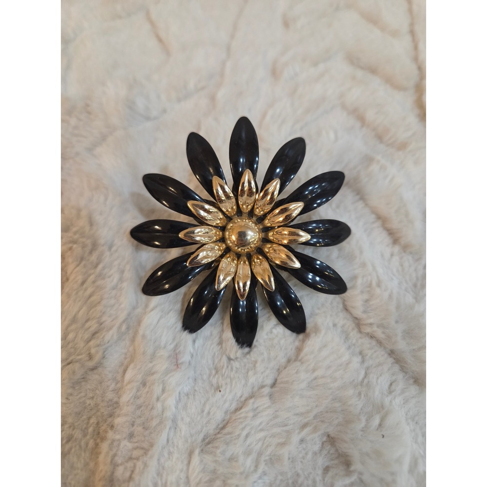 Vintage Style Black Enamel Gold Tone Layered Sunflower Statement Cocktail Ring